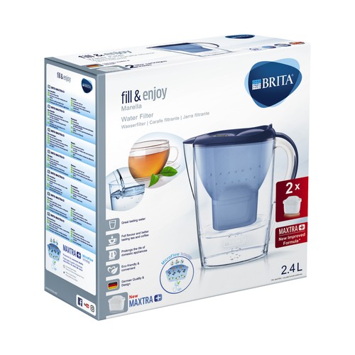 Jarra purificadora Marella color azul, 2,4 litros, incluye 2 filtros Maxtra BRITA.