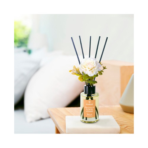 AMBAR Ambientador perfumador de varillas con flor (Mikado), con aroma a flor de azahar 75 ml.