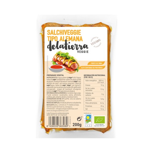 DELATIERRA Veggie Salchichas vegetales ecológicas tipo Frankfurt 200 g.