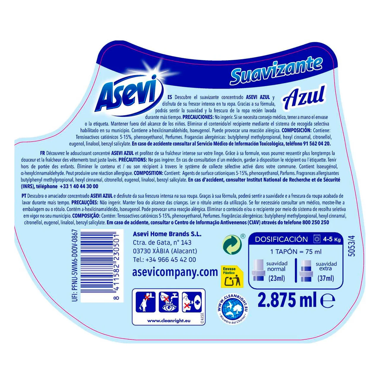 Azul Suavizante concentrado, acabado frescor intenso, 125 lavados 3 L.
