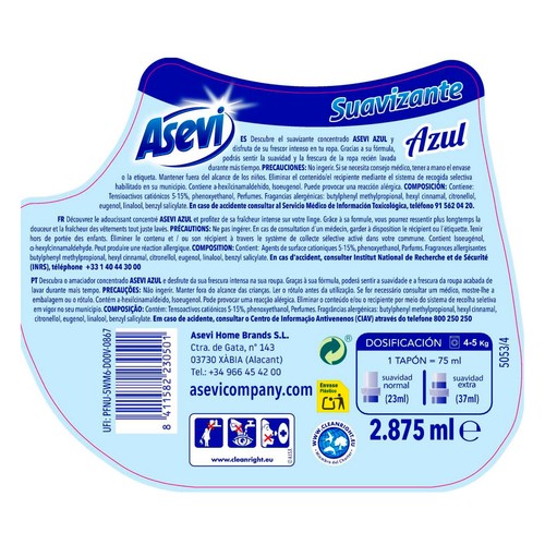 ASEVI Azul Suavizante concentrado, acabado frescor intenso, 125 lavados 3 L.