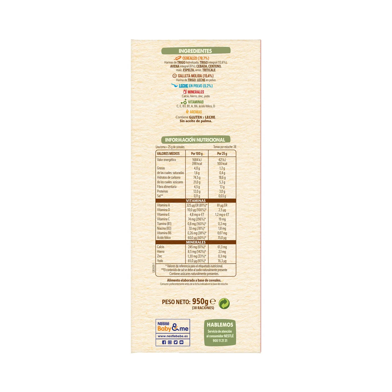 NESTLÉ Papilla de 8 cereales integrales con galleta María a partir de 6 meses NESTLÉ 950 g.
