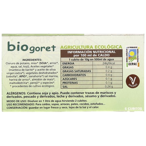 BIOGORET Caldo de verduras bajo en sal Ecológico BIOGORET 6 uds x 10 g.