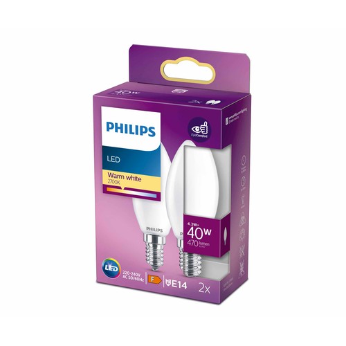 Pack 2 bombillas Led E14, 4,3W=40W, luz cálida 2700K, 470lm, PHILIPS