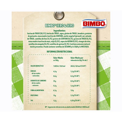BIMBO Cero cero Pan de molde de cereales y semillas 360 gr.