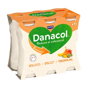 Danacol Leche Fermentada Desnatada con Edulcorantes, Esteroles Vegetales Añadidos y Frutas Tropicales de Danone 6 X 100 G. 576 ML