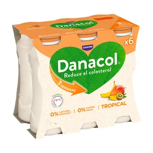 DANACOL Leche fermentada desnatada con edulcorantes, esteroles vegetales añadidos y frutas tropicales de Danone 6 x 100 g.