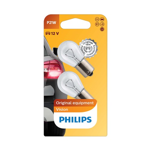 Lote de 2 bombillas convencionales para automóvil, tipo P21W, base Ba15s y potencia de 21W PHILIPS Vision.