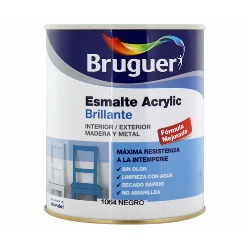 Bote de 0.75 litros de esmalte acrílico decorativo, de color negro con acabado brillante BRUGUER.