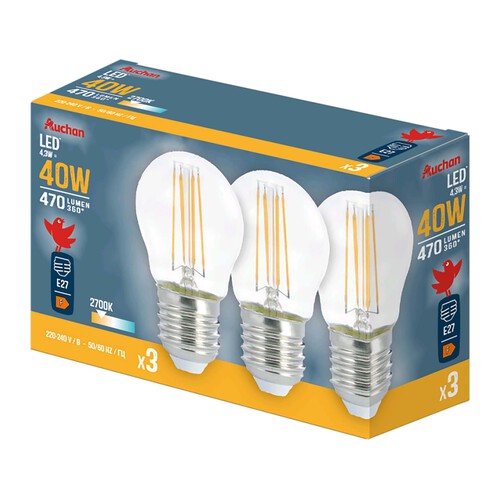 Pack de 3 bombillas Led E27, 4,3W=40W, luz cálida, 470lm, PRODUCTO ALCAMPO.