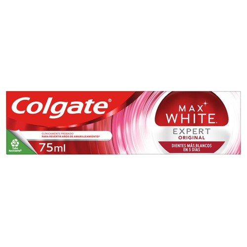 COLGATE Max white expert original Pasta de dientes blanqueadora con flúor, sabor menta 75 ml.