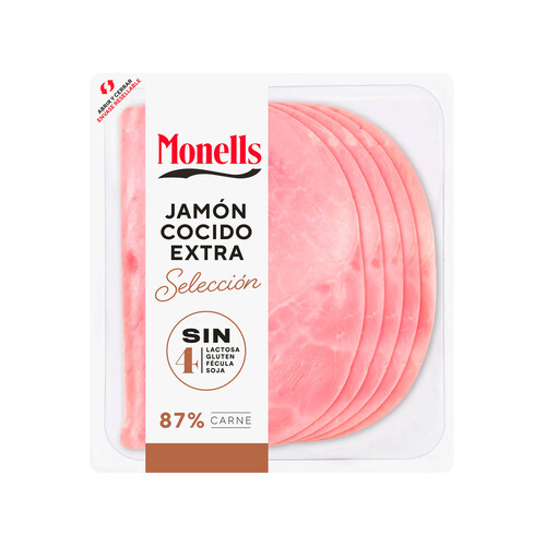 Jamón cocido extra, sin gluten y sin lactosa, cortado en lonchas MONELLS Selección 140 g.