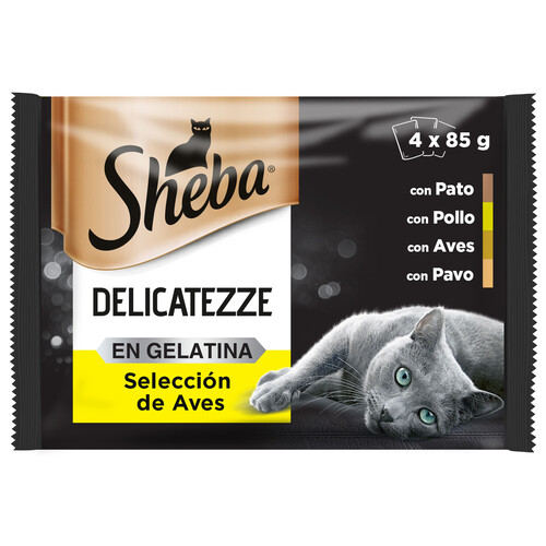 SHEBA Comida para gatos adultos a base de pato y pavo SHEBA 4 uds. 85 g.