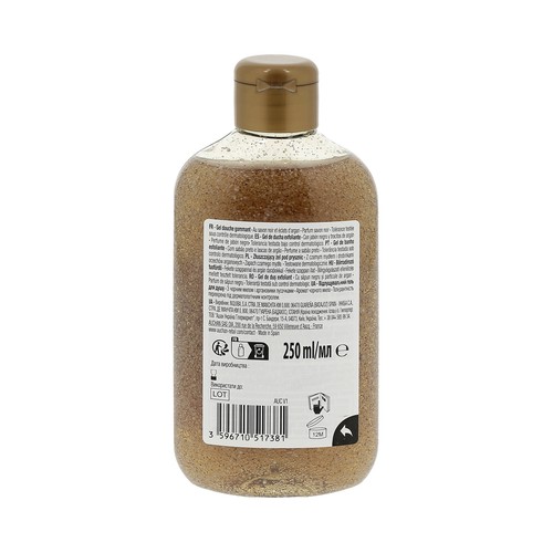 COSMIA Gel para ducha o baño exfoliante con jabón negro y trocitos de argán 250 ml.