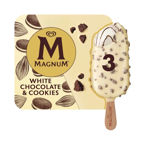 MAGNUM Bombón helado de chocolate blanco con trocitos de cookies colletcion 3 x 90 ml.