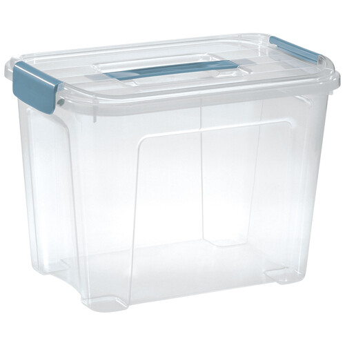 Caja transparente de ordenación, capacidad 18L con tapa de clips y asa color azul , ACTUEL.