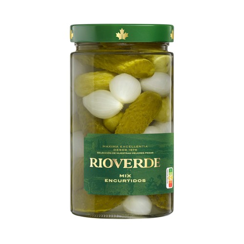 RIOVERDE Mezcla de pepinillos y cebollitas frasco de 380 g.