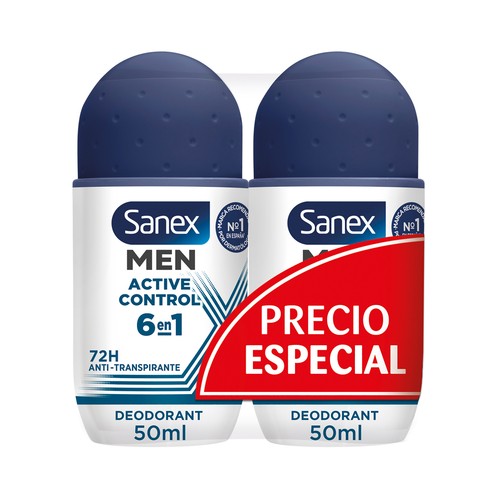 SANEX Men active control Desodorante roll on para hombre antitranspirante hasta 72 horas 2 x 50 ml.