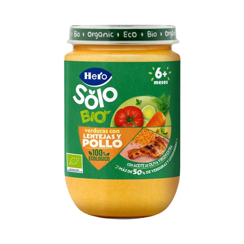 HERO Solo bio Tarrito de verduras con lentejas y pollo ecológicos, a partir de 6 meses 190 g.