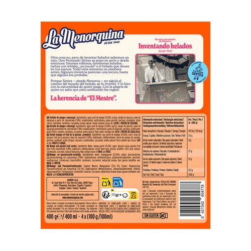 LA MENORQUINA Helado polo de mango y maracuyá 4 x 100 ml.