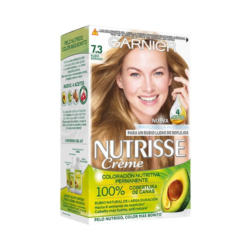 Tinte de pelo permanente color rubio dorado, tono 7.3 GARNIER Nutrisse créme.