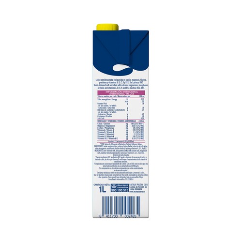 PULEVA Vita calcio Leche semidesnatada sin lactosa, con alto contenido en calcio 1 l.