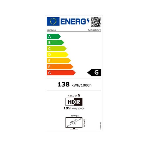 Televisión 190,5cm (75"") LED SAMSUNG TU75U7025FKXXC, 4K, Ultra HD, Smart TV, USB, 3HDMI, color negro, 60Hz.