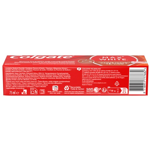 COLGATE Max white for coffe, te & wine Pasta de dientes blanqueante, especial manchas de vino o café 75 ml.