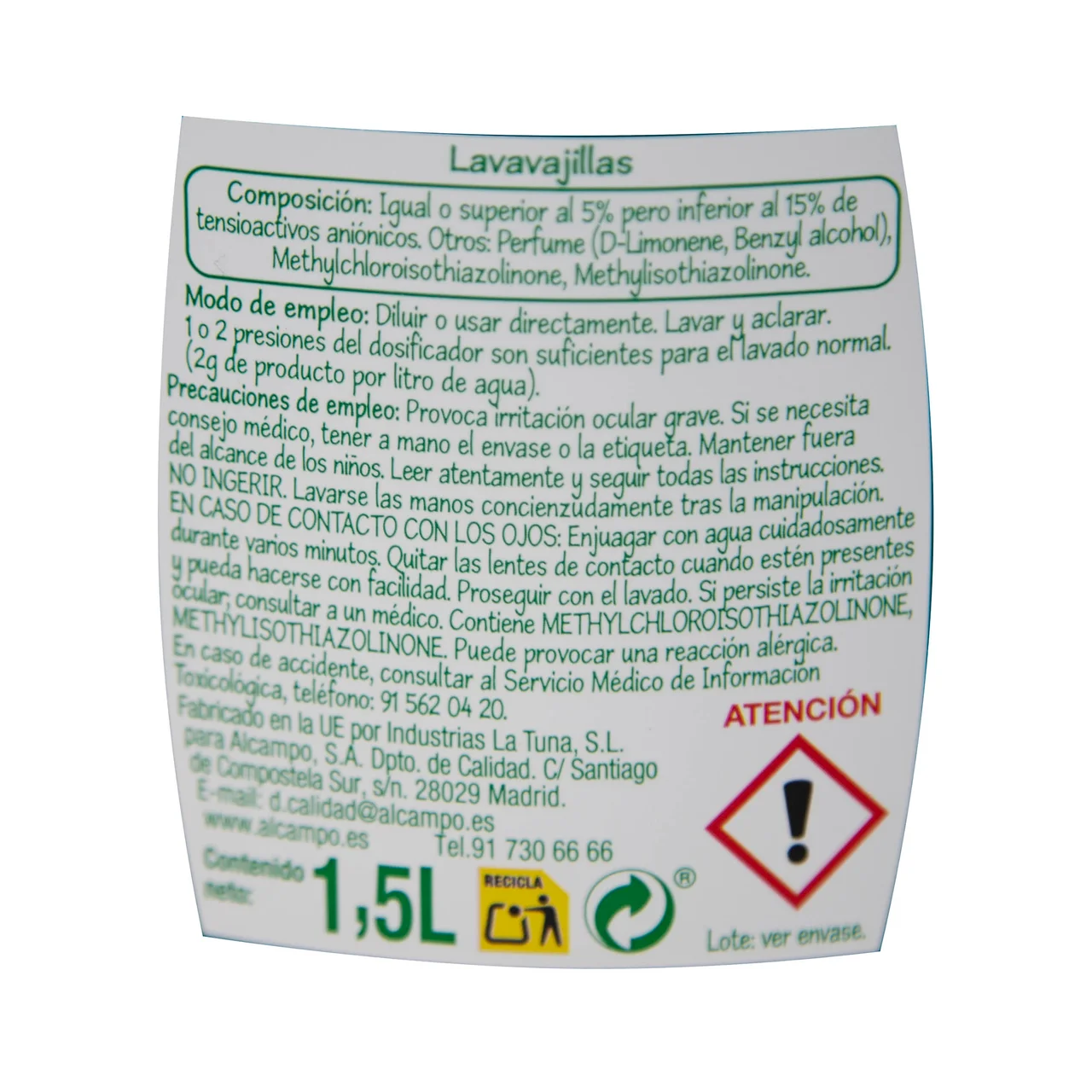 PRODUCTO ECONÓMICO ALCAMPO Detergente lavavajillas a mano 1,5 l.