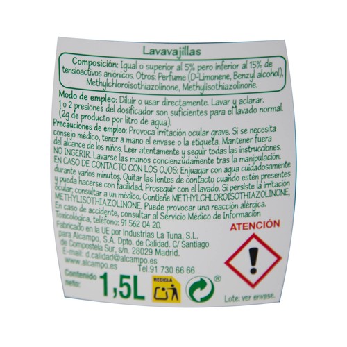 PRODUCTO ECONÓMICO ALCAMPO Detergente lavavajillas a mano 1,5 l.