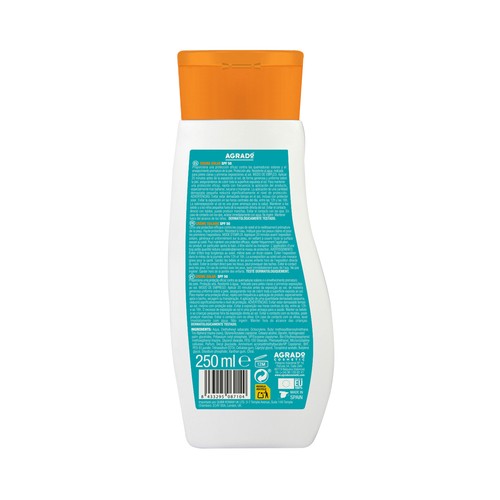 AGRADO Protector solar resistente al agua, con vitamina E y FPS 50 (muy alto) 250 ml.