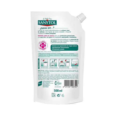SANYTOL Recambio de jabón de manos hidratante con aloe vera y té verde 500 ml.