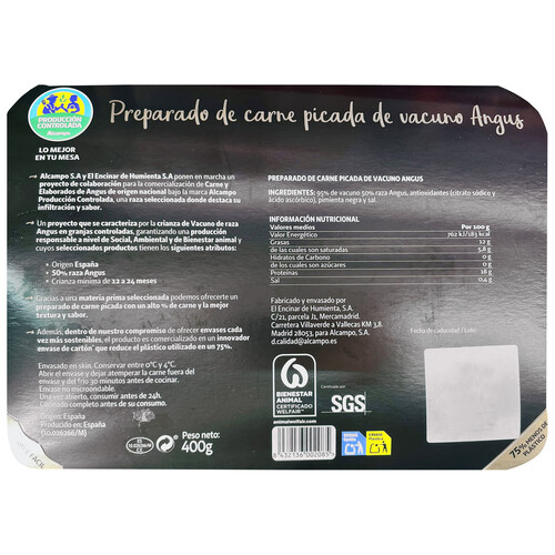Preparado de carne picada de vacuno Angus de origen nacional ALCAMPO PRODUCCIÓN CONTROLADA 400 g.