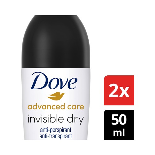 DOVE Desodorante roll on para mujer que no deja manchas en nuestra ropa DOVE Advanced care invisible dry 2 x 50 ml.