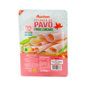 Imagen de AUCHAN Pechuga de pavo (70% carne) cocida y cortada en finas lonchas 150 g. Producto Alcampo