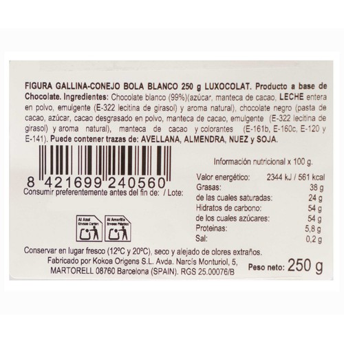 LÚ XOCOLAT Gallina de Pascua de chocolate blanco 250 g.