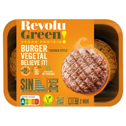REVOLU GREEN! Burger vegetal "sabor pollo", lista para calentar y comer REVOLU GREEN! 2 x 75 g.