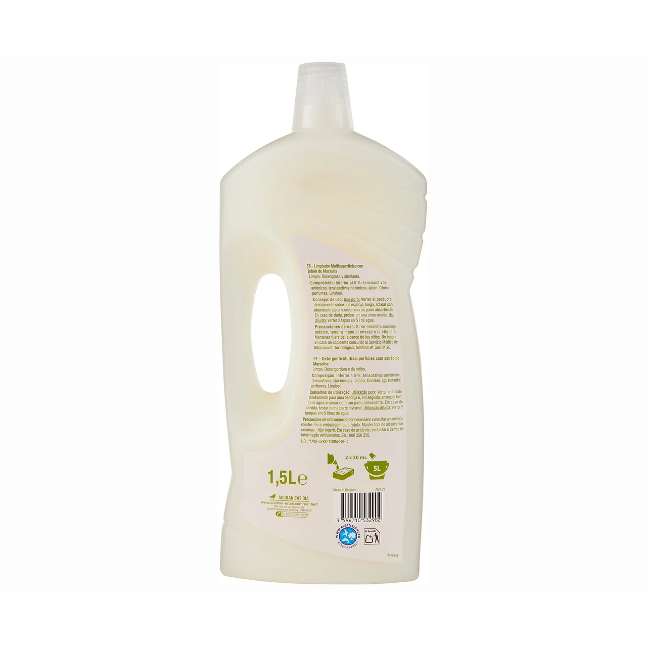 PRODUCTO ALCAMPO Limpiahogar multisuperficies con jabón de marsella 1,5 L.