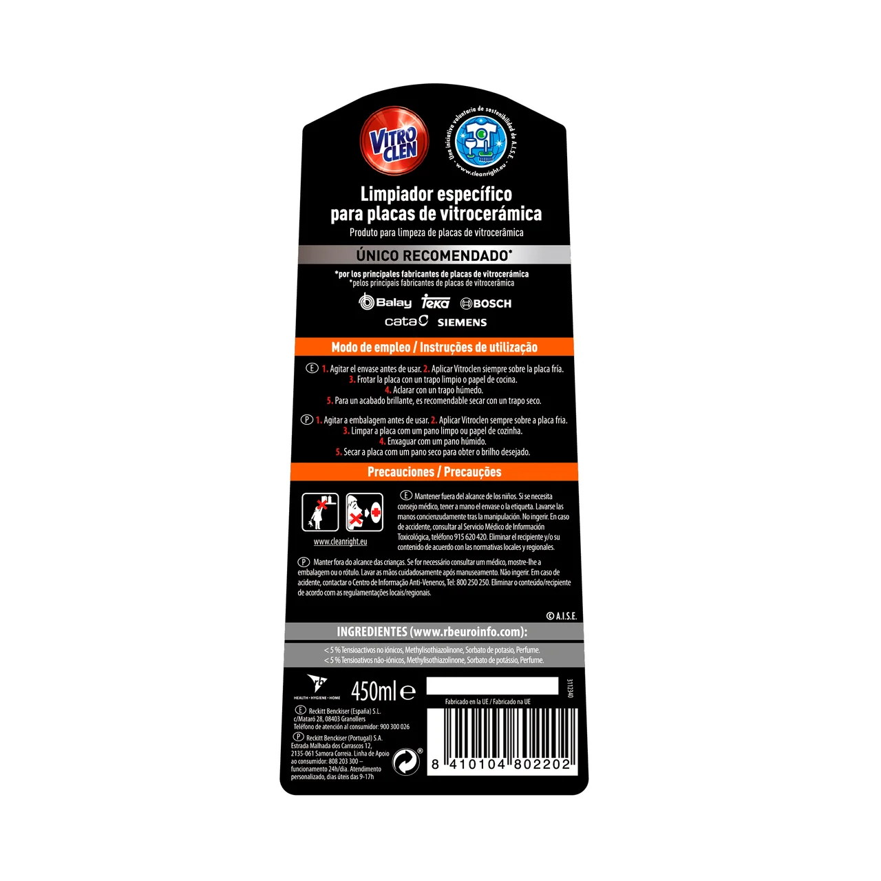Limpieza vitrocerámicas e inducción 3 en 1 (Limpieza, brillo y proyección) 450 ml.