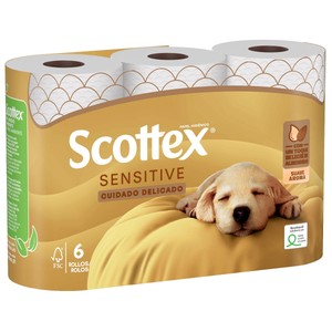 SCOTTEX Sensitive  Papel higiénico de triple capa con un toque de leche de almendras 6 rollos.