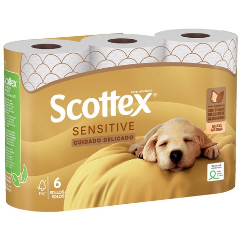 SCOTTEX Sensitive  Papel higiénico de triple capa con un toque de leche de almendras 6 rollos.