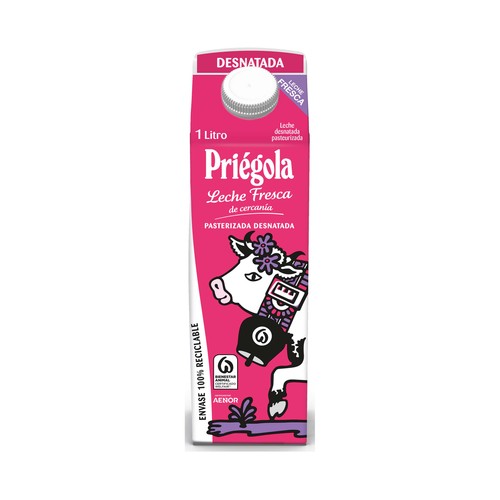 PRIÉGOLA Leche de vaca fresca, pasteurizada y desnatada 1 l.