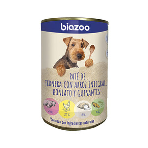 Imagen de BIAZOO Alimentación para perro en lata con sabor a paté de ternera con arroz integral boniato y guisantes 395 g