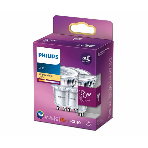 Bombilla Led GU10, 4,6W=50W, luz cálida 2700K, 355lm, PHILIPS.