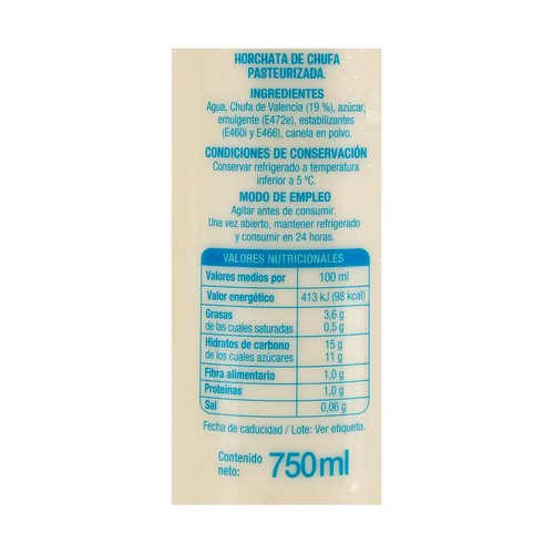 ALCAMPO CULTIVAMOS LO BUENO Horchata fresca de chufa con D.O. Chufa de Valencia 750 ml.