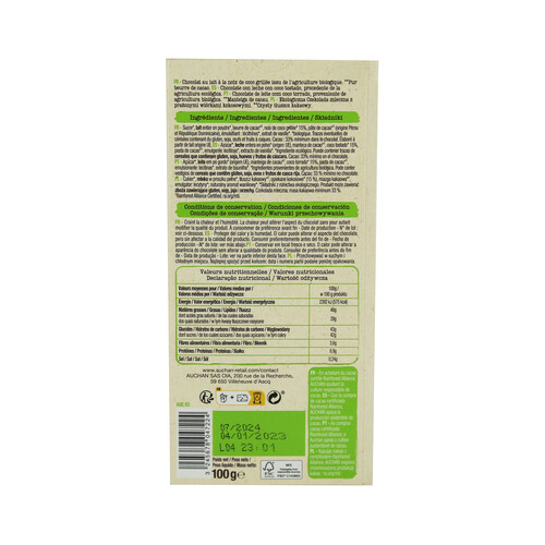 ALCAMPO ECOLÓGICO Chocolate con leche ecológico, con coco tostado ALCAMPO ECOLÓGICO 100 g.