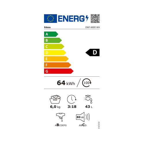 Lavadora EDESA EWF-6000 WH 6KG, clasificación energética: D, 1000RPM, H: 84,5 cm, A: 59,5cm, F: 40cm.