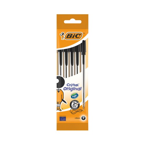Lote de 5 bolígrafos con tapa, punta media grosor de 1 mm y tinta base aceite de color negro BIC Cristal.