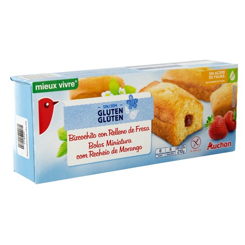 Bizcochito con relleno de fresa sin gluten PRODUCTO ALCAMPO, 210 g.