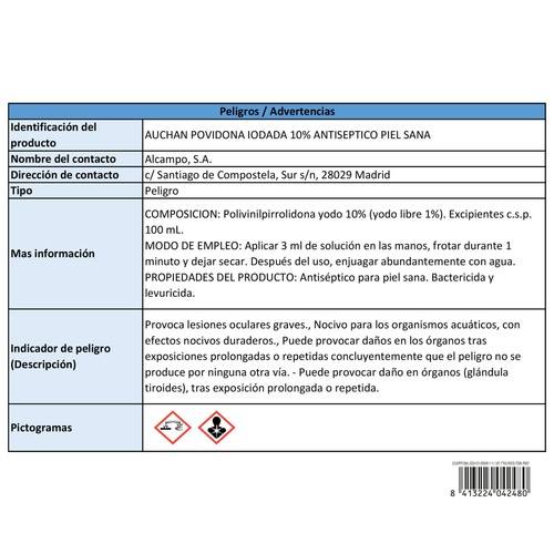 PRODUCTO ALCAMPO Povidona Iodada 10%, (antiséptico para piel sana) 125 ml.